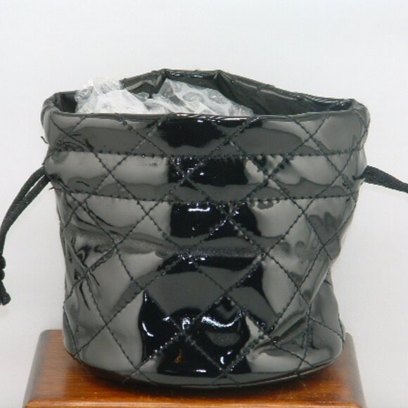GUESS Black Quilted Patent Leather Mini Drawstring Bag with Heart Charm - Picture 3 of 3